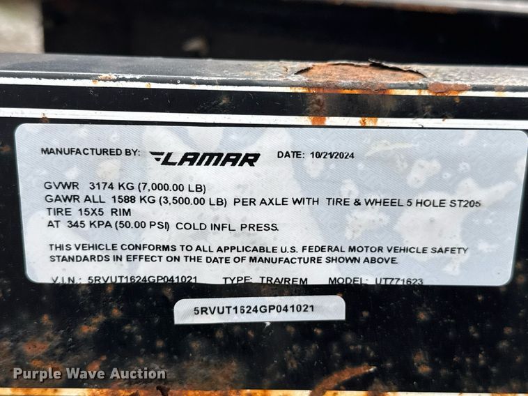 image for item DO0074 2016 Lamar utility trailer