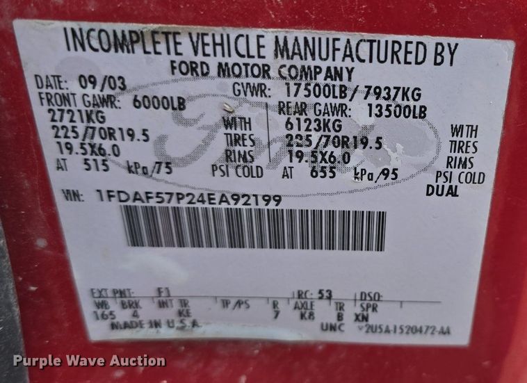 image for item DQ5288 2004 Ford F550 Super Duty XL dump truck