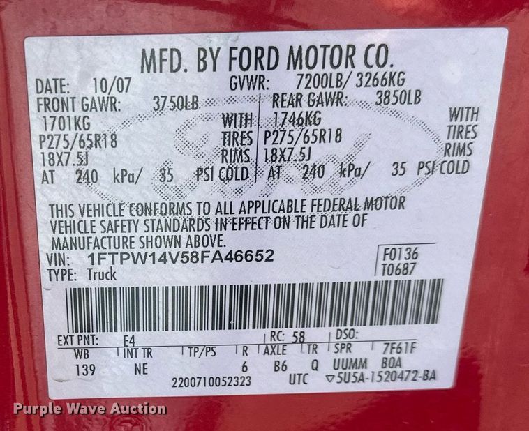 image for item DQ6558 2008 Ford F150 SuperCrew pickup truck