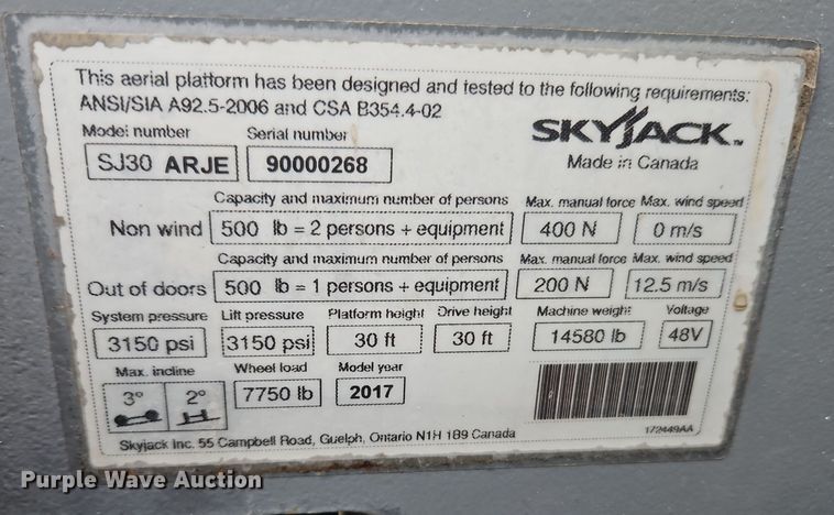 image for item DT7582 2017 Skyjack SJ30 ARJE boom lift