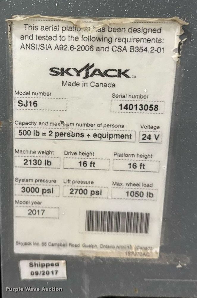 image for item EG7075 2017 Skyjack SJ16 vertical lift