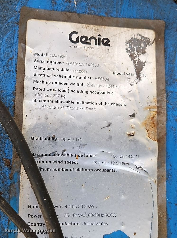 image for item EI8586 2015 Genie GS-1930 scissor lift