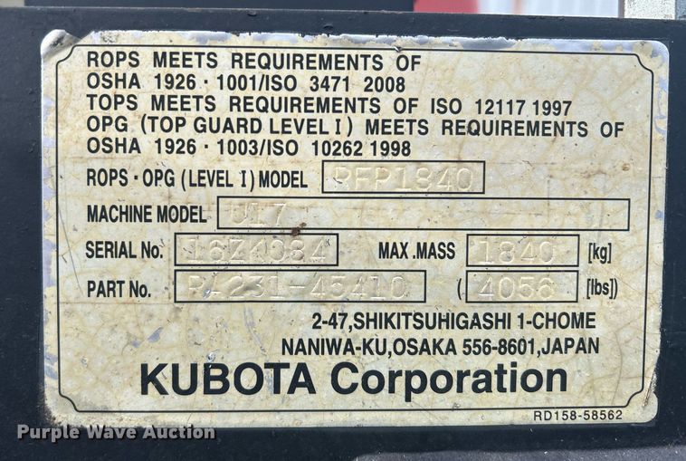 image for item EL6517 2017 Kubota U17 mini excavator