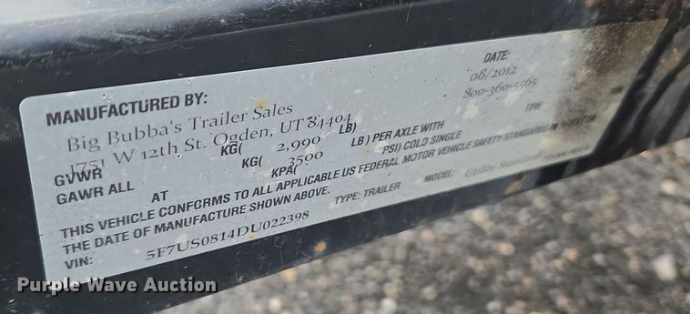 image for item ER5052 2013 Big Bubbas utility trailer