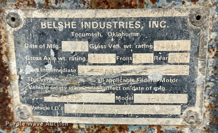 image for item DP6070 2001 Belshe T-18 equipment trailer