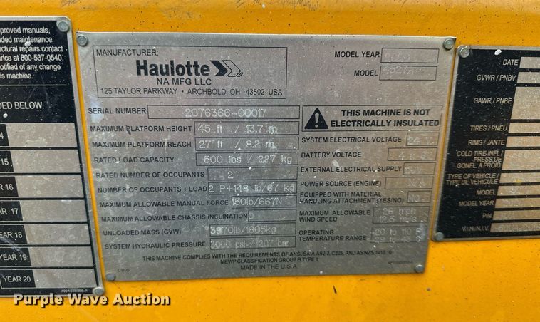 image for item DQ6555 2020 Haulotte 4527A boom lift