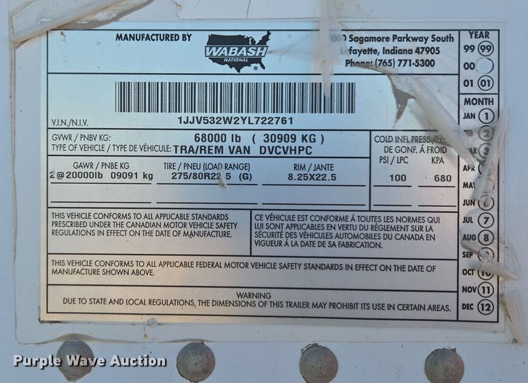 image for item DV6568 2000 Wabash DVCVHPC dry van trailer