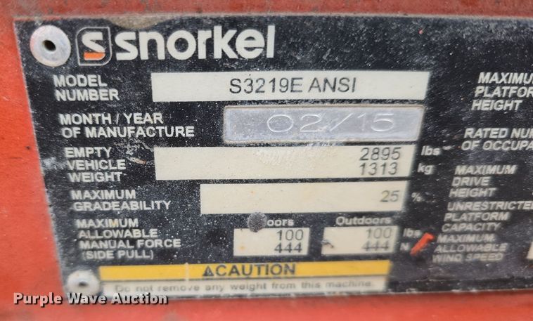 image for item DW3050 2015 Snorkel S3219E scissor lift