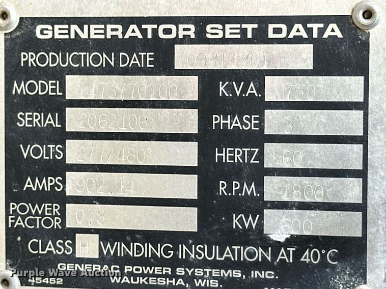 image for item ER8537 2001 Generac generator