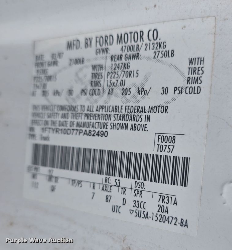 image for item DQ5359 2007 Ford Ranger pickup truck