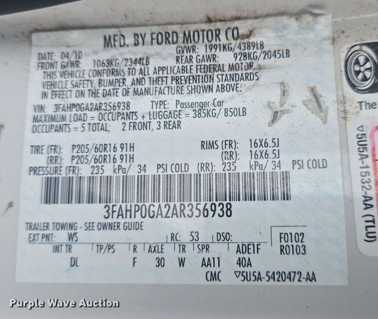 image for item DQ5361 2010 Ford Fusion S 