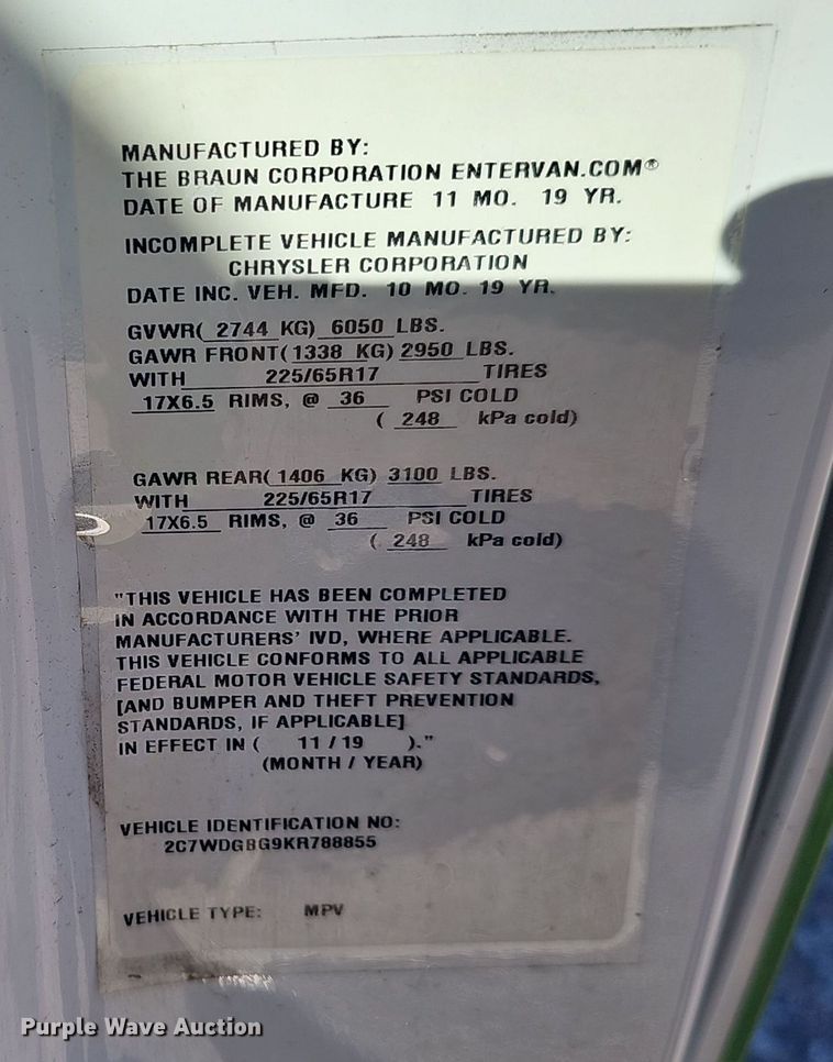 image for item DV0188 2019 Dodge Grand Caravan handicap accessible van