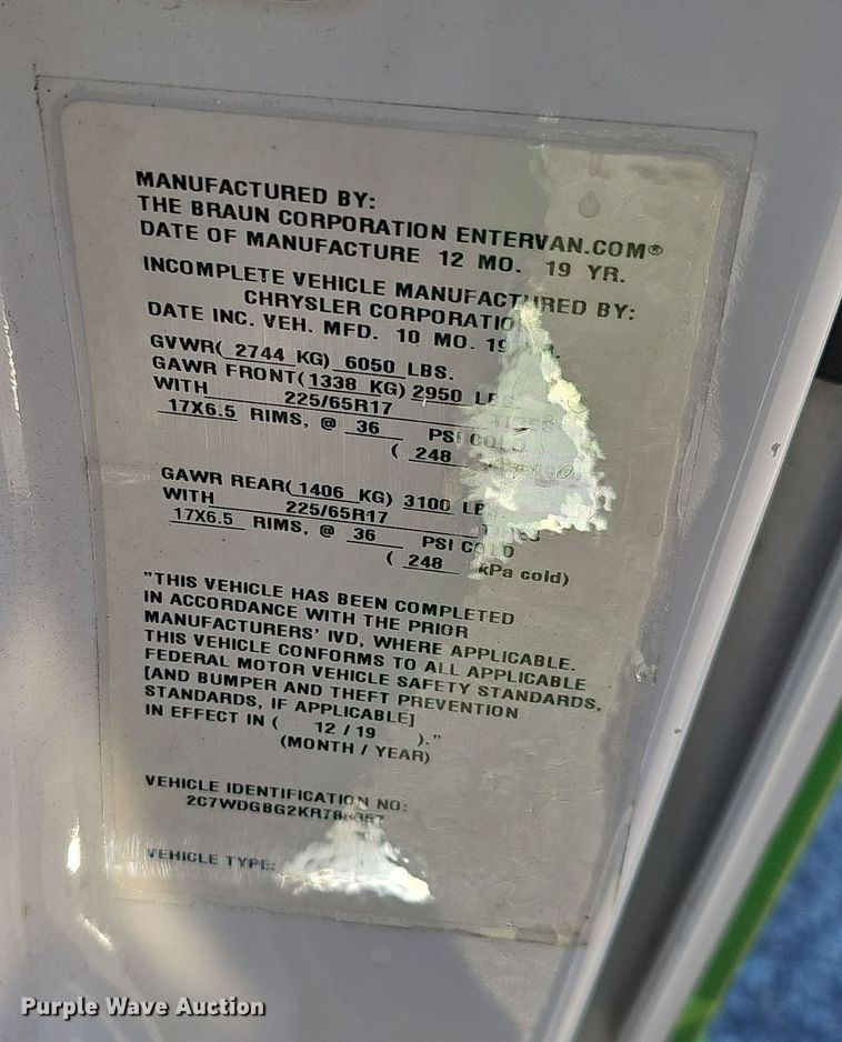 image for item DV0189 2019 Dodge Grand Caravan handicap accessible van