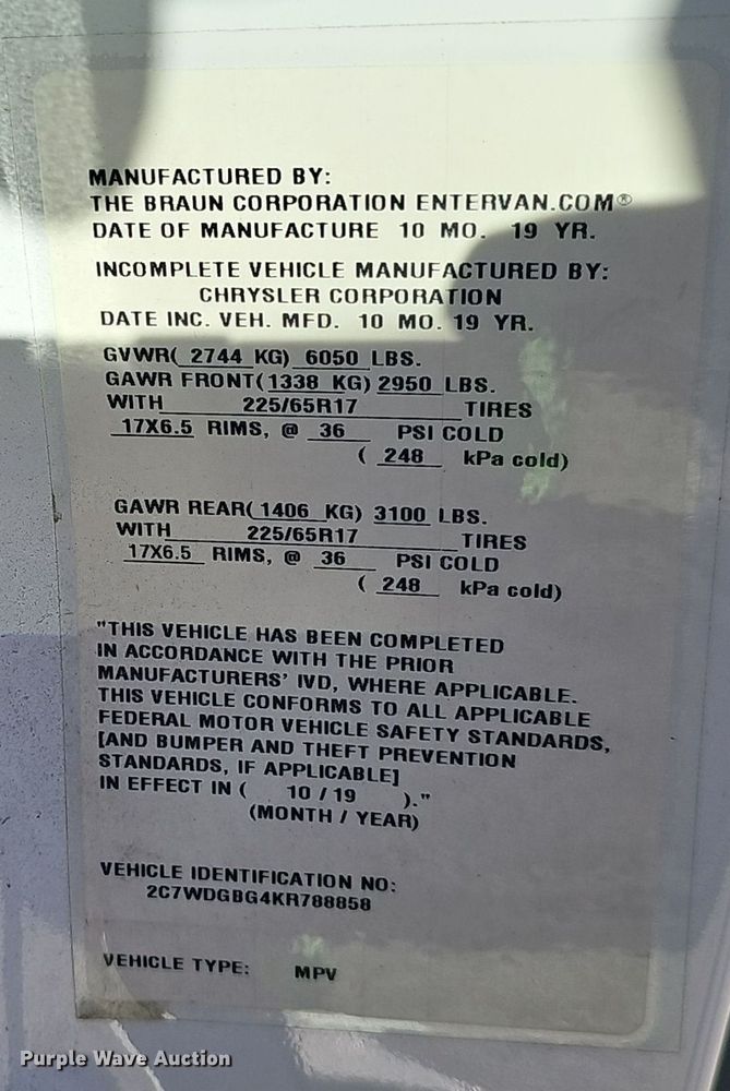 image for item DV0190 2019 Dodge Grand Caravan handicap accessible van