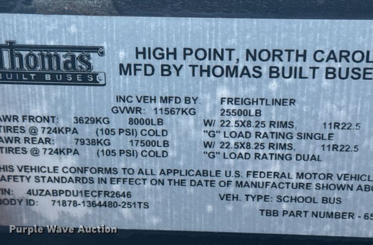 image for item DX3924 2014 Thomas  Saf-T-Liner C2 school bus