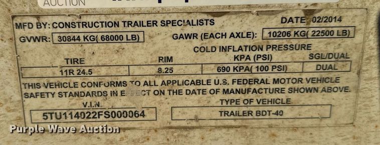 image for item DX3936 2015 Construction Trailer Specialist BDT-40 bottom dump trailer