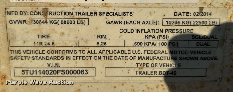 image for item DX3938 2015 Construction Trailer Specialists BDT-40 bottom dump trailer