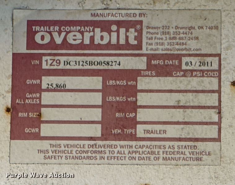 image for item EG7951 2011 Overbilt equipment trailer