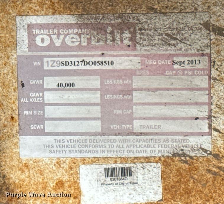 image for item EG7966 2013 Overbilt equipment trailer