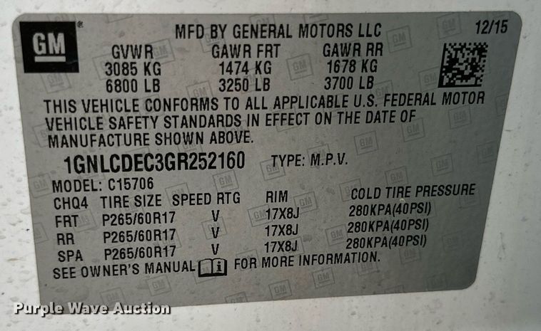 image for item NQ9102 2016 Chevrolet Tahoe Police  SUV