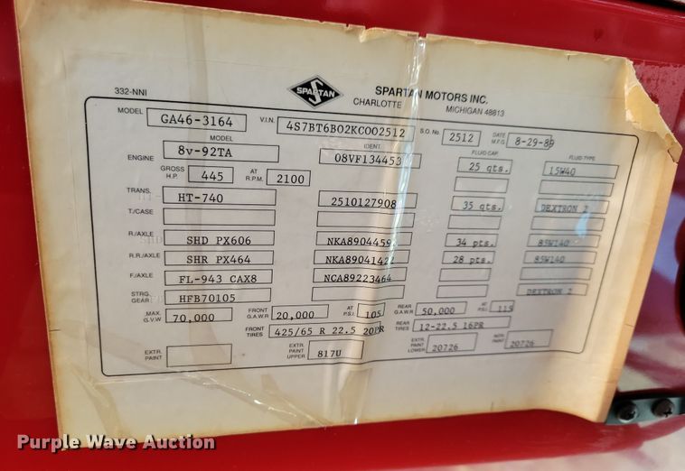 image for item OH9480 1989 Spartan Grumman Quint fire truck