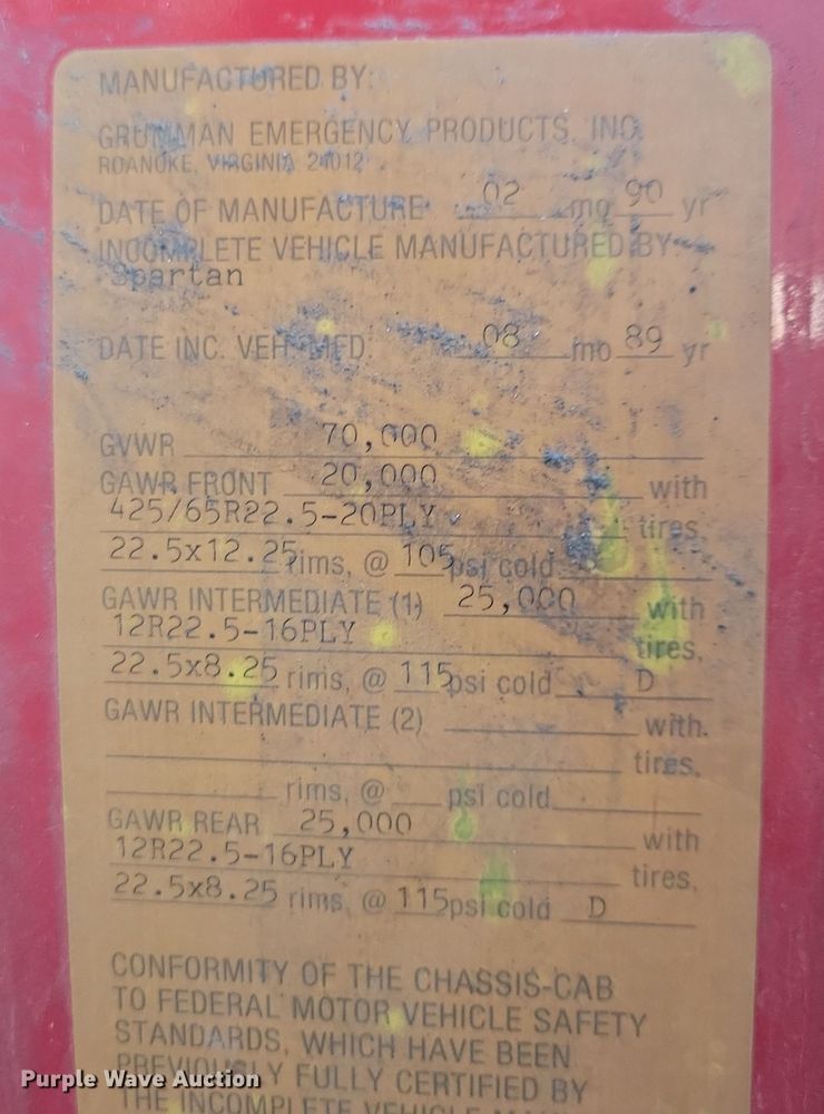 image for item OH9480 1989 Spartan Grumman Quint fire truck