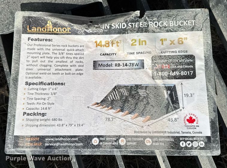 image for item DO0116 2023 LandHonor RB-14-78W skid steer rock bucket