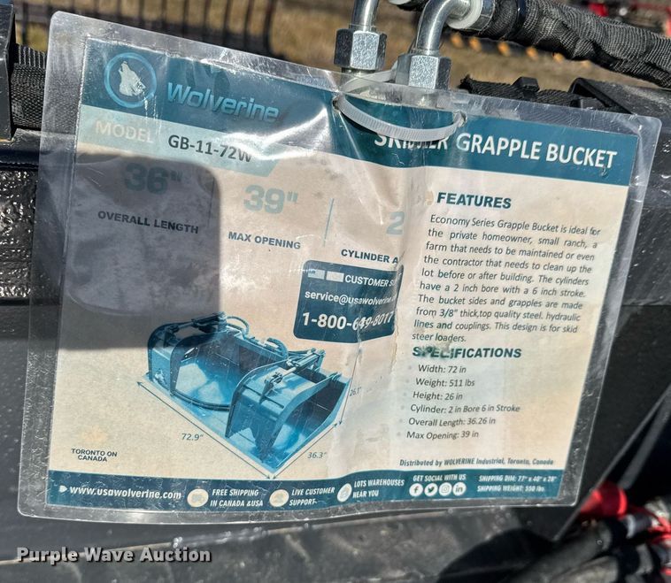 image for item DO0127 2023 Wolverine GB-11-72W skid steer grapple bucket