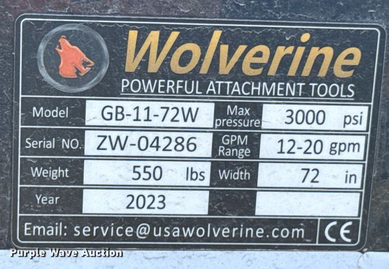 image for item DO0127 2023 Wolverine GB-11-72W skid steer grapple bucket