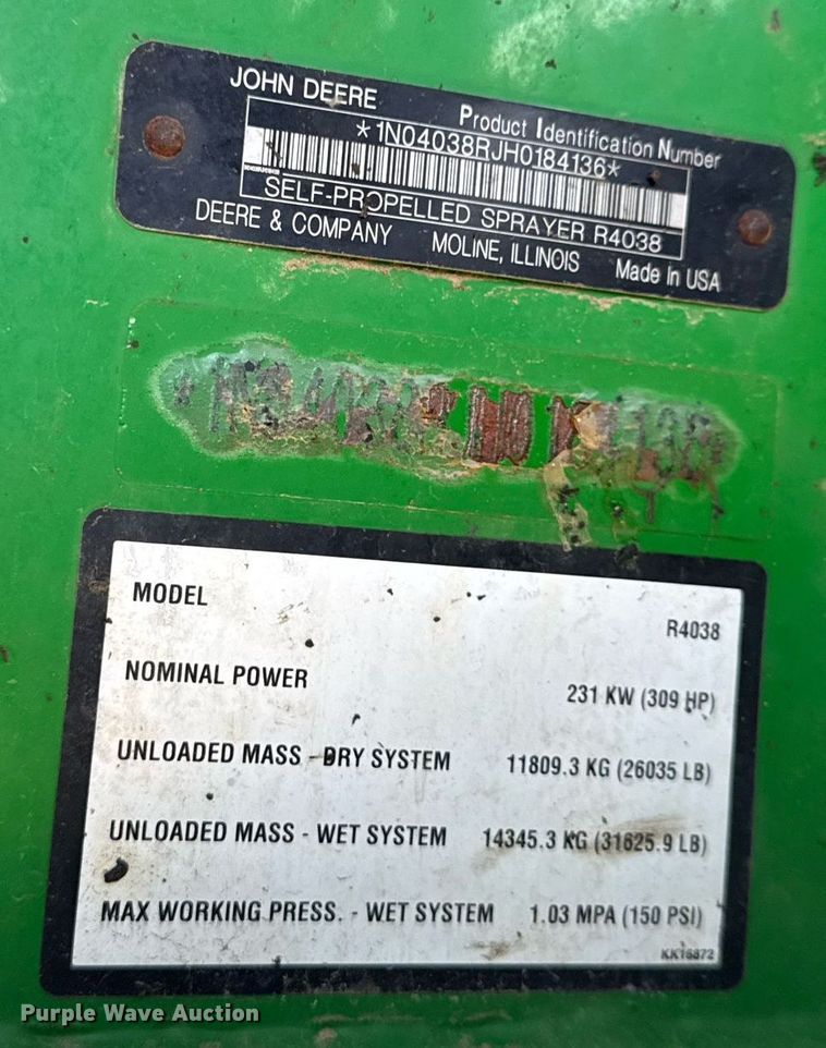 image for item DW2478 2018 John Deere R4038 sprayer