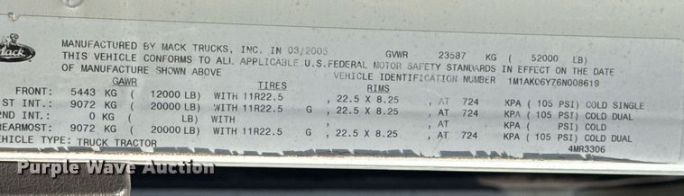 image for item DM5499 2006 Mack CXN613 semi truck