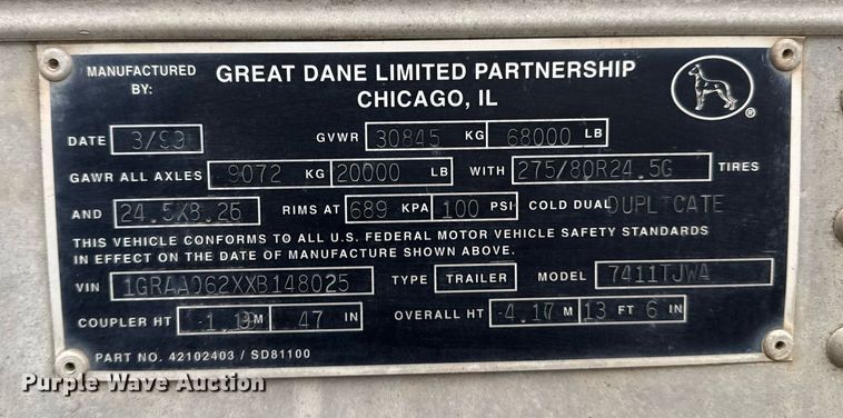 image for item DM5509 1999 Great Dane 7411TJWA dry van trailer