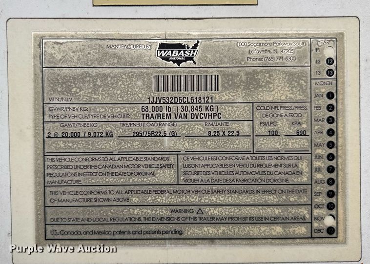 image for item DU3292 2012 Wabash dry van trailer