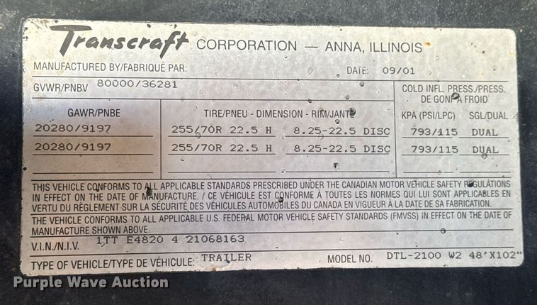 image for item LH9416 2002 Transcraft  DTL-2100 W2 drop deck trailer