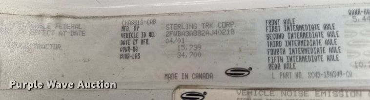 image for item OG9753 2002 Sterling A9500 truck cab and chassis