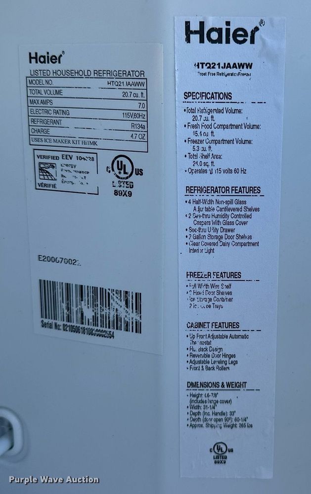 image for item EJ5336 Haier HTQ21JAAWW refrigerator
