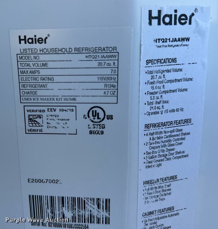 image for item EJ5336 Haier HTQ21JAAWW refrigerator