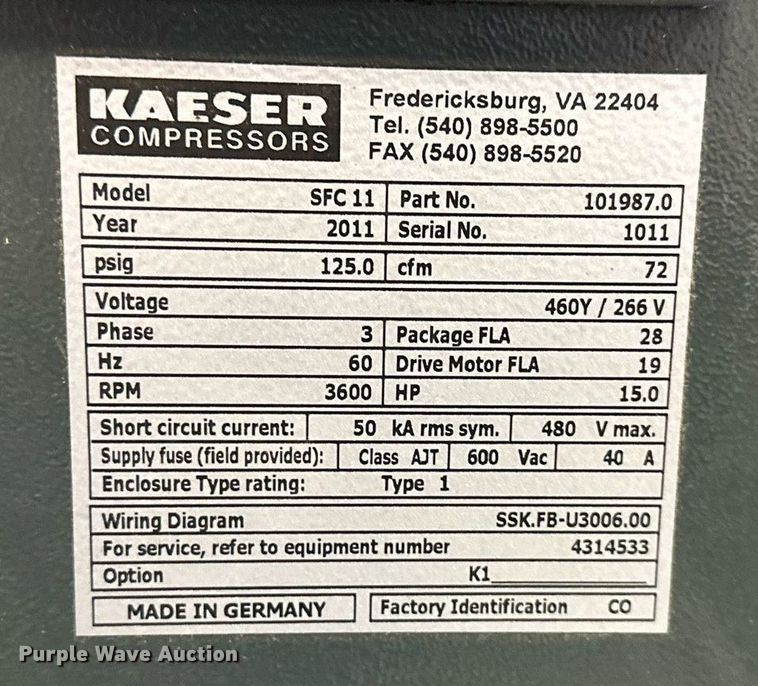 image for item DQ6563 2011 Kaeser  SFC11 air compressor