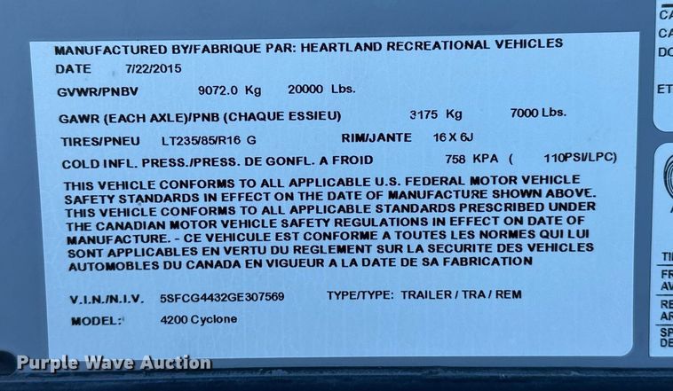 image for item EJ5319 2016 Heartland 4200 Cyclone toy hauler camper