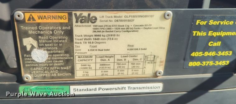 image for item ER4552 Yale GLP155VXNGBV107 forklift