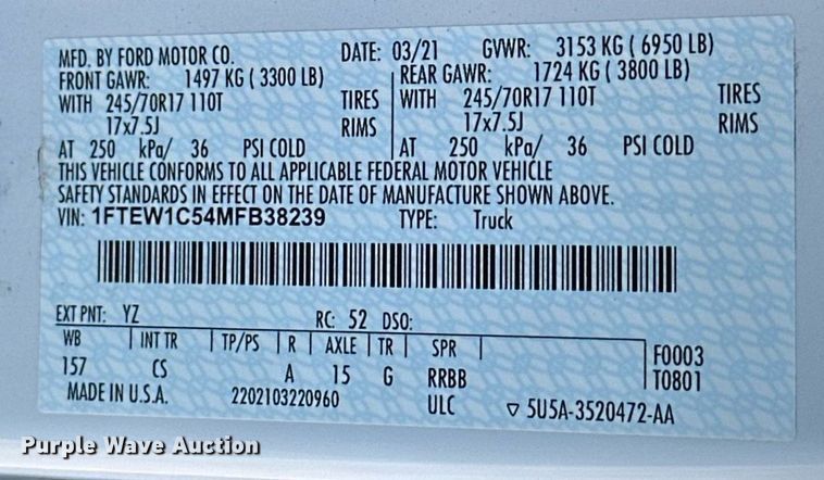 image for item ER4785 2021 Ford F150 XL SuperCrew pickup truck