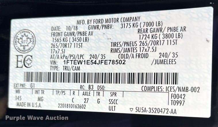 image for item OJ9345 2018 Ford F150 SuperCrew pickup truck