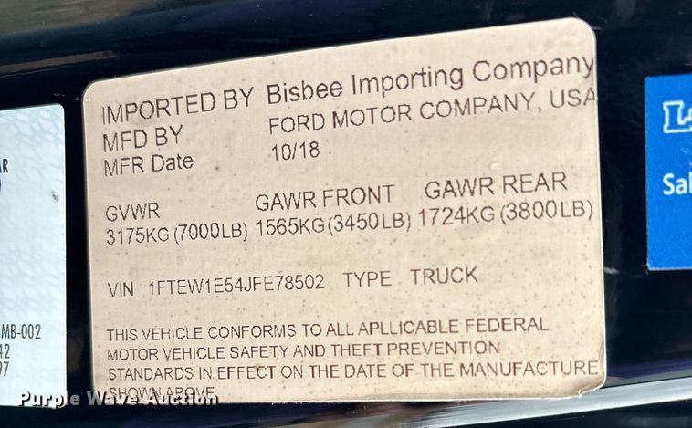 image for item OJ9345 2018 Ford F150 SuperCrew pickup truck