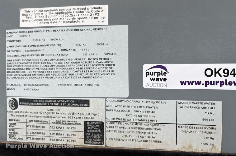 image for item OK9476 2014 Heartland 4100 Cyclone toy hauler camper