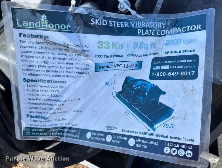 image for item DO0111 2023 LandHonor VPC-11-72W skid steer plate compactor