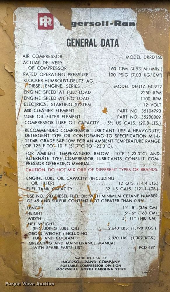 image for item DO0150 Ingersoll Rand DRRD160 air compressor