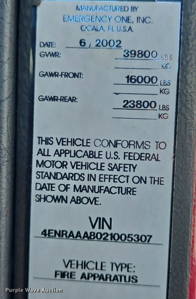 image for item DO7737 2002 Emergency One pumper fire truck