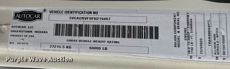 image for item EJ3418 2015 AutoCar ACX Xpeditor refuse truck