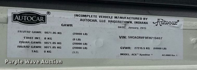 image for item EJ3418 2015 AutoCar ACX Xpeditor refuse truck