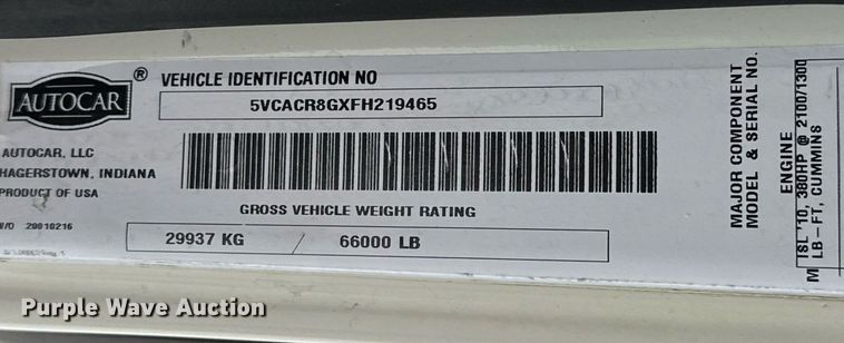 image for item EJ3419 2015 Autocar ACX Xpeditor refuse truck